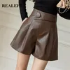 REALEFT Autumn Winter Button Women's Faux PU Leather Shorts High Waist Ladies Elegant Short Trousers Pocket Female 220419
