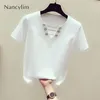 Summer Tshirt w rozmiarze Plus Kobieta nowa łańcuch diamentowa V kołnierz krótkie rękaw jasny jedwabny jedwabny tshirt Casual Joker Nancylim T200516