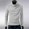 단색 긴 슬리브 탑 남자 티셔츠 가을 더미 쌓인 칼라 슬림 티 탑 풀버 남성 긴 슬리브 티셔츠 L220704