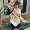 KOSAHIKI Punk Asymétrique Hors Épaule À Manches Longues T-shirt Femmes Harajuku Gothique Imprimer Patchwork T-shirts Y2k Esthétique Top 220321