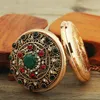Kedjor Blucoome Vintage Pocket Watch Red Ancient Face Rhinestone Green Edge Quartz Nostalgic Jewelry Watchchains