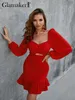 Glamaker Elegant Lantern Sleeve Square Collar Red Dress Women mode Cut Out Ruffled Slim Summer Backless Mini 220602