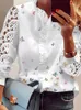 Женские блузки Рубашки Модная блузка с принтом Женская элегантная кружевная рубашка с бабочкой Топ с рюшами Повседневная с длинным рукавом Белая Blusa FemininaЖенская
