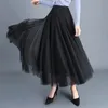 Summer Tulle Skirts Womens Midi Pleated Skirts Black Tulle Skirt Women Spring Fashion Elastic High Waist Mesh Tutu Skirts 220527