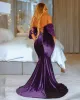 Purple Mermaid Prom -klänningar Korta ärmar från axelruflarna svep Train Veet Sequin Evening Party Gowns Plus Size Custom Made Formal OCN Wear 403 403