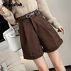 Seoulish Corduroy Women's Cargo Shorts with Belted Autumn Winter High Waist Wide Leg Shorts Vintage Female Trousers 220527