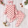 3-piece Baby Clothing Sets Girl Heart Print Ruffled Bowknot Design Long-sleeve Ribbed Romper Elasticized Pants and Headband Set 1055 E3