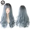 7JHH Blue Wavy Synthetic Wigs Long Omber Corche Hair With Bangs For Women Heat-Resistant African American Daily Wear Full Wigfactory direct