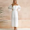 Teelynn Uzun Boho Elbise Beyaz Seksi Omuz Plajı Sundress Flare Flare Uzun Kollu Sınıf Dantelli Kadın Elbiseler Yaz Vestidos 220531