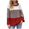 Pulls pour femmes Femmes Winter Fasion Splice Color-Block Rayé À Manches Longues Col Rond Slim Fit Tricoté Tops Thermiques Casual PullWo