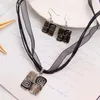 Earrings & Necklace Fashion Jewelry Sets Vintage Leather Rope Ribbon Chain Purple Natural Stone Square Geometry Enamel Pendant SetEarrings