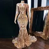 Abiti da festa Sparkly Gold Paillettes Long Mermaid Prom 2022 Luxury Full Sleeve High Neck Women Formal Evening GownsParty