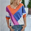 Lady V-Neck Long Sleeve Loose Patchwork Print T-Shirt Spring Autumn Casual Fashion Top Women Comfortable Pullovers T-Shirt 220408