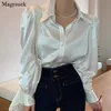 Koszulki bluzki damskiej koreańskie bąbelkowe luźne satynowe guziki eleganckie blaty białe eleganckie bluzka Blusas Mujer 12635 220913