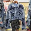 Vestes pour femmes Veste en jean Mode féminine Industrie lourde Paillettes Patch Ripped Burr Manches chauve-souris Court
