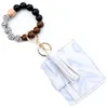 Silicone Bead PU Bracelet Keychain Card Holder Purse Leopard Print Tassel Wallet Leather Wristlet DLH877