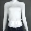 Fashion-Women Long Sleeve Crop Tops Sexy Basic Solid Black White Lady Casual Tshirt Off Shoulder T Shirts Summer Autumn