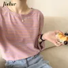 Jielur T-shirt a righe moda coreana autunno manica lunga da donna Top sciolto cotone casual femminile blu arancione S-XL 220402