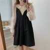 Casual Lace Basic Korean Princess Sweet Shirts Fashion Black A Line Slip Dresses All Match Two Piece Sets 210525