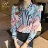 H Han Queen Frühling Vintage Print Büro Dame Bluse Weibliches Hemd Bogen Tops Langarm Casual Koreanische OL Frauen Lose blusen 220812