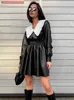 Mnealways18 Patchwork Women Leather Dress With Peter Pan Collar High Waist Autumn Winter Dress Elegant Ladies Black Dress Frill 220409