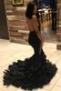 Sexig svart sjöjungfrun prom klänningar sexig illusion bodice halter nacke ärmlös öppen rygg applique afrikanska tjejer fest kvällsklänningar junior examen bär bc1273
