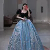 2022 mexikansk himmelblå quinceanera klänningar med 3d blommig applique vestidos xv años söt 16 klänning båge robe de soirée kvällsklänningar