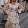 Dorywczo sukienki Darmowe Shippin 2022 Jesień Est Moda Vintage Court Dla Kobiet Flare Rękaw Koronki Kwiatowa Suknia Wysoka Jakość