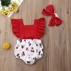 의류 세트 2pcs Born Bair Baby girl ruffle cherry print bodysuits 헤드 밴드 일몰 복장 여름 옷장