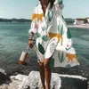 Casual Dresses Summer Women Overdimensionerad Sun Turn-Down Collar Print långärmad skjorta klänning Löst mode strandsemester Vestidoscasual