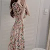 Женщины летние платья повседневное винтажное шифоновое принт с цветочной высокой талией модный слой рукав