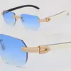 New Designer Micro-paved Diamond Set Rimless Metal Sunglasses Original White Inside Black Buffalo Horn Sun Glasses 18K Gold UV400 Lens Male Female Wrap Frame Size:57