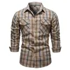 2022 أحدث أزياء جيب القميص منقوشة قميص طويل الأكمام ربيع الصيف الرجال غير الرسمي لزر القطن القطن القمصان قمصان TOPS L220704