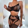 Nxy Sexy Underwear Ins 2022 New Mesh Stitching Eyelash Lace Pendant Butterfly Four Piece Set 220609