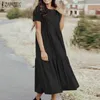 Donne eleganti volant vestito estivo vestito estivo casual manica corta solido partito Vestido ZANZEA abiti vintage caftano Femme Robe 220613