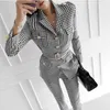 Kvinnors tvåbitar byxor Kvinnor 2st Black White Plaid Matching Outfits Women Lady Office Business Uniform Blazer Set Set Work
