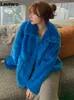 Lautaro Winter Blue Short Warm Faux Fur Coat Women Drop Shoulder Long Sleeve Turndown Collar Pockets 2021 Luxury Fluffy Jacket T220716