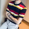 Men's T-Shirts 2022 Summer Fashion Men Korea Style Ice Silk Knitted Sweater Male O-neck Casual Striped Short Sleeve Tops Tee W08