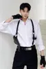 القمصان غير الرسمية للرجال رجال رجال كتف حزام جلدي مع رجل طويل الأكمام اليابان هاراجوكو كوريا القميص فضفاضة للرجل
