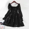 Spring Womens Sexy Black Dress Vintage Flower Long Puff Sleeve Chiffon Dresses Korean Casual Mini Vestidos Mujer Clothes 220406