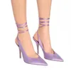 Sukienka buty kobiety pompuje fioletowe 10 cm eleganckie spiczaste palce wysokie obcasy lady satynowe koronkowe sznurki