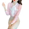 Kvinnors blusar skjortor tidig höstchiffonskjorta Kvinnors tröja fashionabla bågar snörning Lös långärmad botten Topp rosa blusa