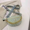 Elegant Diamond Lattice PU Chain Waist Bag For Women Stylish Applique Pack Female Fanny Wide Strap Crossbody Belt 220527