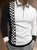 Autumn Men Polo Shirts Casual Fashion Long Sleeve Plaid Foaming Printing Polos Turn-Down Collar Zippers Tees Mens U.S Big Size 220524