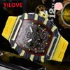 Men Mission Runway 43mm Orologio al quarzo Movimento importato Orologio maschile Ragazza impermeabile Cinturino in caucciù giallo nero Design scavato Orologi da polso a strati luminosi