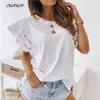 Sommer Frauen Aushöhlen Nähte T-Shirt Casual Oansatz Rüschen Kurzarm Top Elegante Weiß Schwarz frauen Kleidung 220411