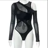 Vestidos casuais Hirigin Sexy Moda Sheer Malha Preto Bodysuit Mulheres Clubwear Ver Através Assimétrico Corte Out Manga Longa TopsCasu2105904