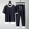 Men's Tracksuits Set Top Pants Tracksuit Men Outfit Sets Solid Color Summer O Neck Pleated T-shirts Stretchy Jogging HommeMen's