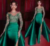 Élégant sirène robes de soirée 2022 vert robe formelle manches longues Satin Sexy fente perles fête robes de bal robes de noiva robes d'occasion