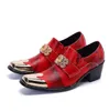 Luxe cristal hommes robe chaussures de mariage à talons hauts costume chaussures en métal bout carré chaussures rouge en cuir véritable chaussure d'affaires